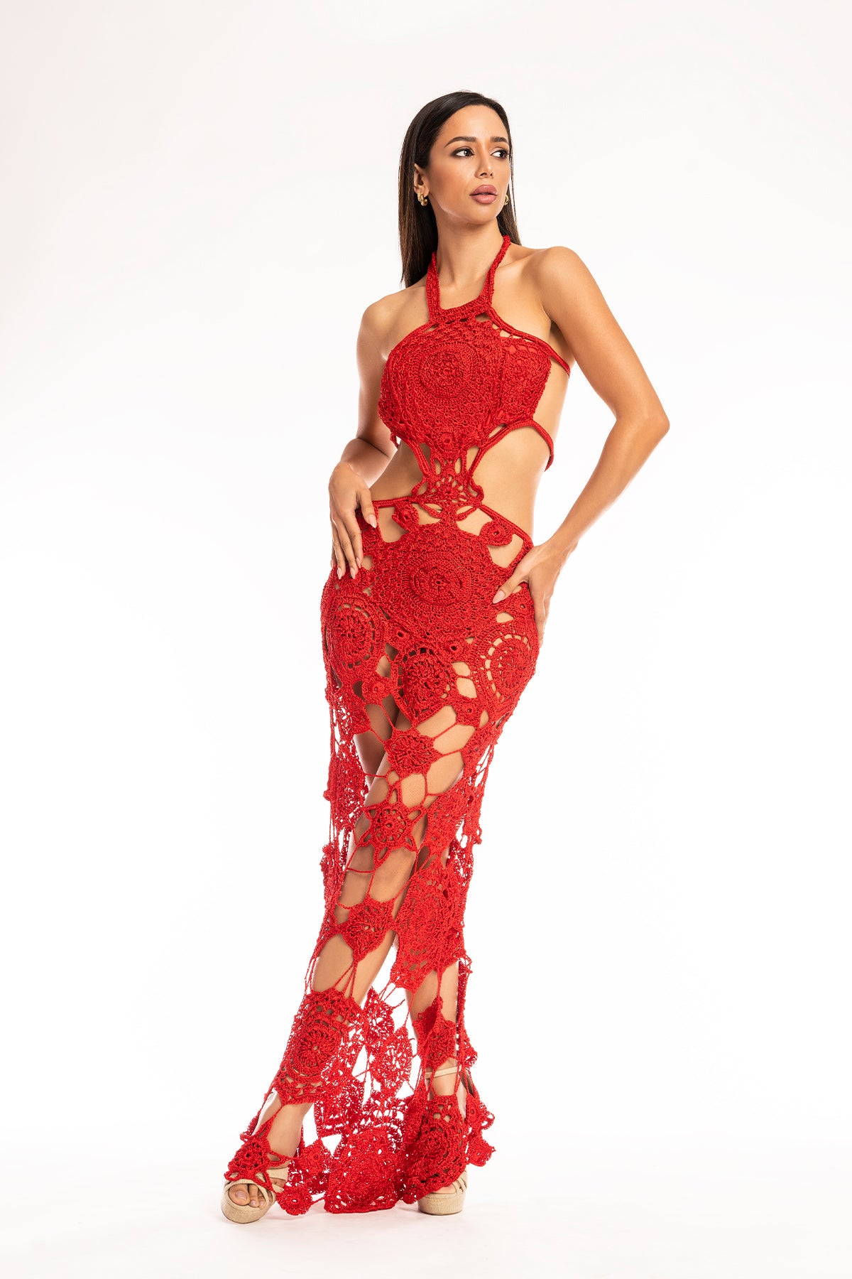 Stunning red crochet dress for bold beach fashion.
