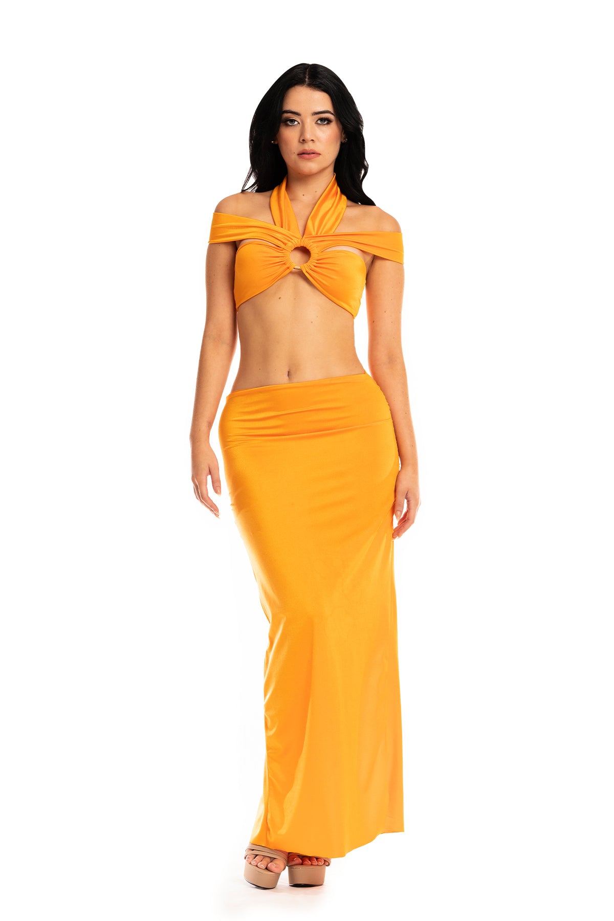 Zinnia Rosa top and skirt set in vibrant orange
